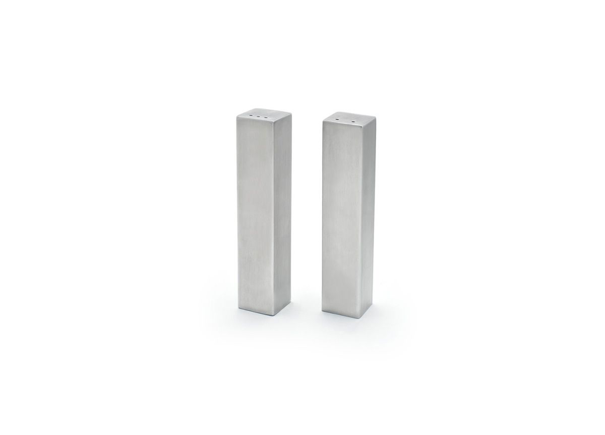 Juego de salero y pimentero cuadrados de acero inoxidable cepillado de 12 cm de alto - 56 g - Plata
